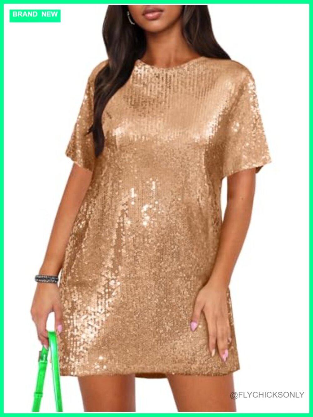 Sequin T Shirt Dress Short Sleeve V Neck Back Tie Mini Dress